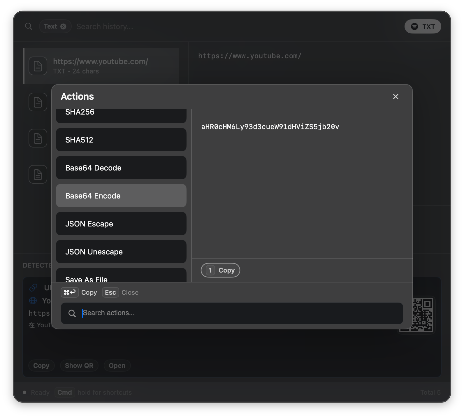The action palette running Base64 encode