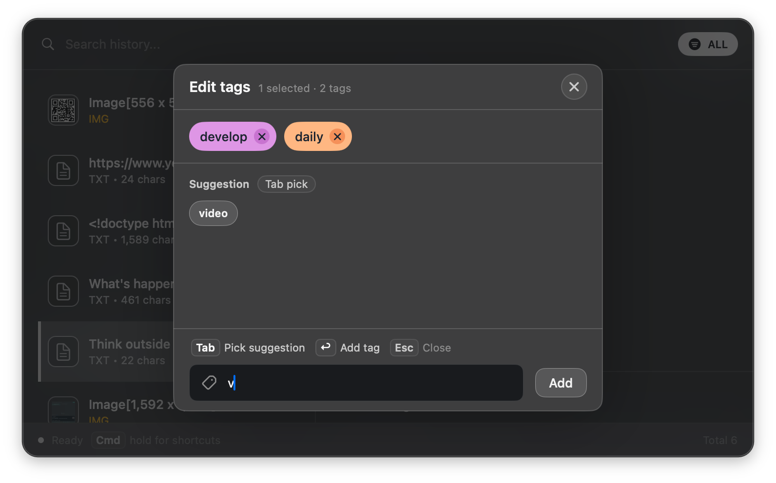 Editing tags on a clipboard item